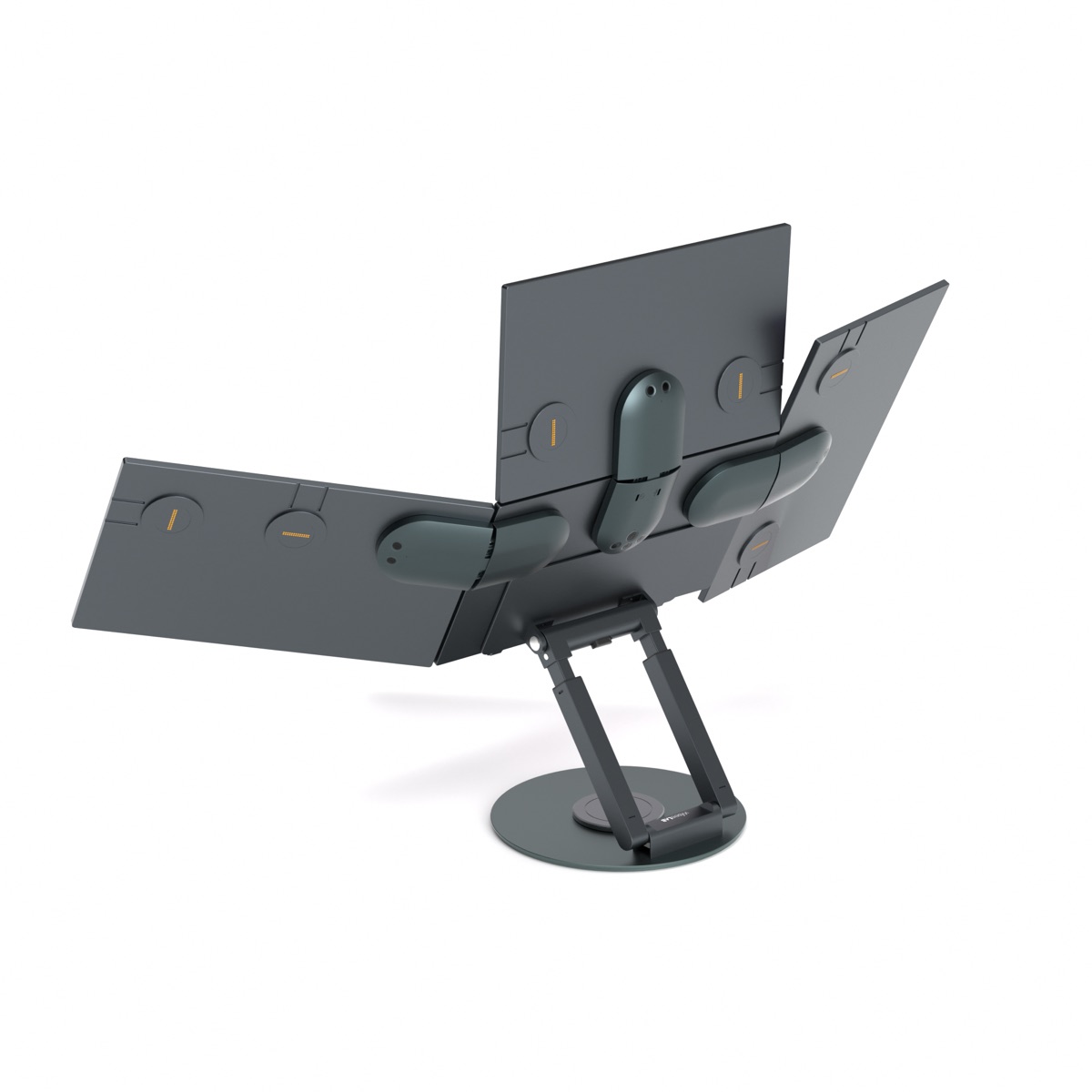 Ultrax Premium dörtlü monitör arka görünüm, manyetik hub'lar ve metal stand