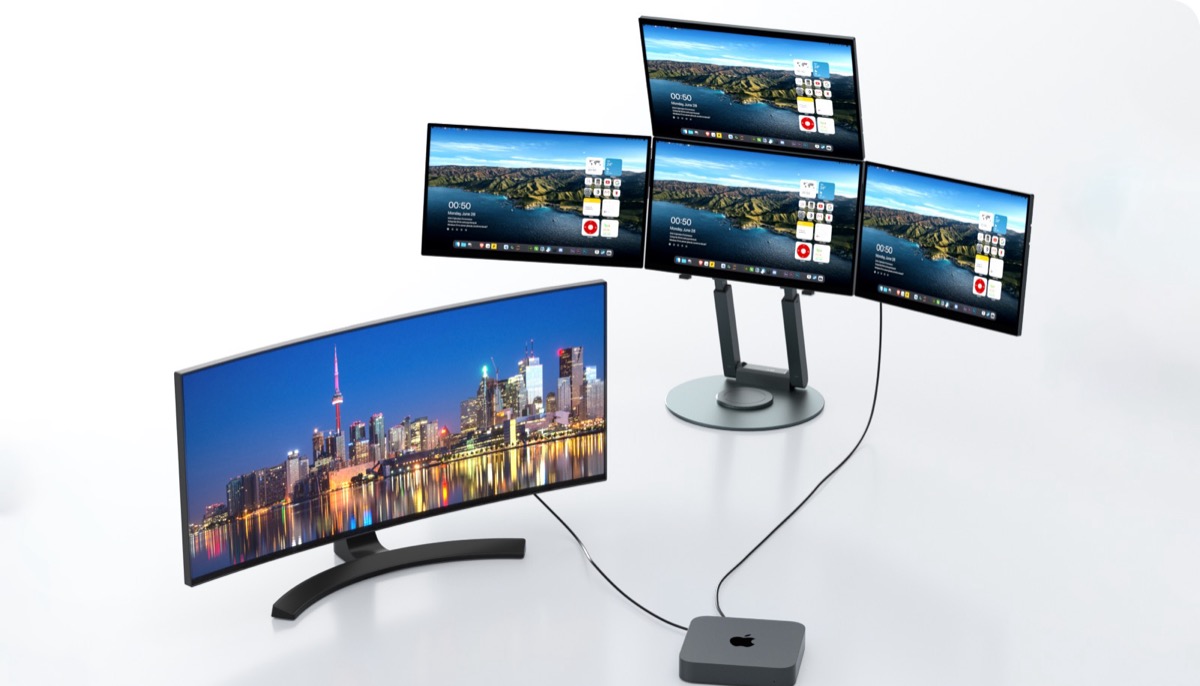 Ultrax Premium dörtlü monitör Mac mini ve ultra geniş monitörle birlikte