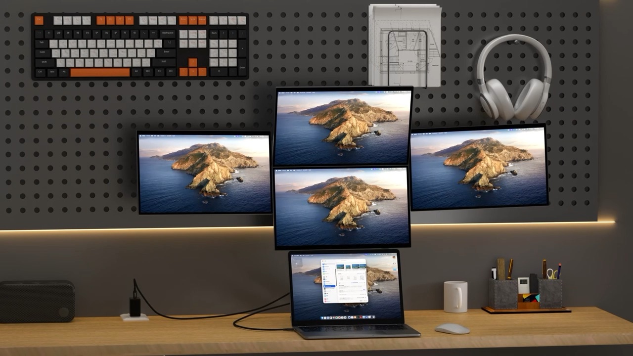 Ultrax Premium dörtlü monitör 4 ekran ve dizüstü bilgisayarla kurulmuş çalışma masası